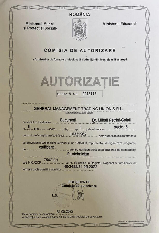 Autorizatie pentru organizarea programului de calificare/ocupatie/gruparea de competente pirotehnician